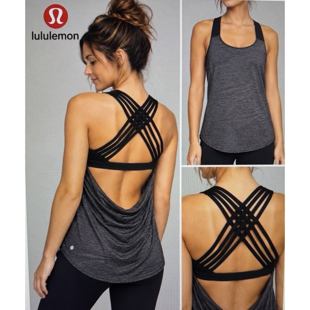 Lululemon Heathered Grey w/ Black Strappy Back Free To Be Wild Rank Top Size 8